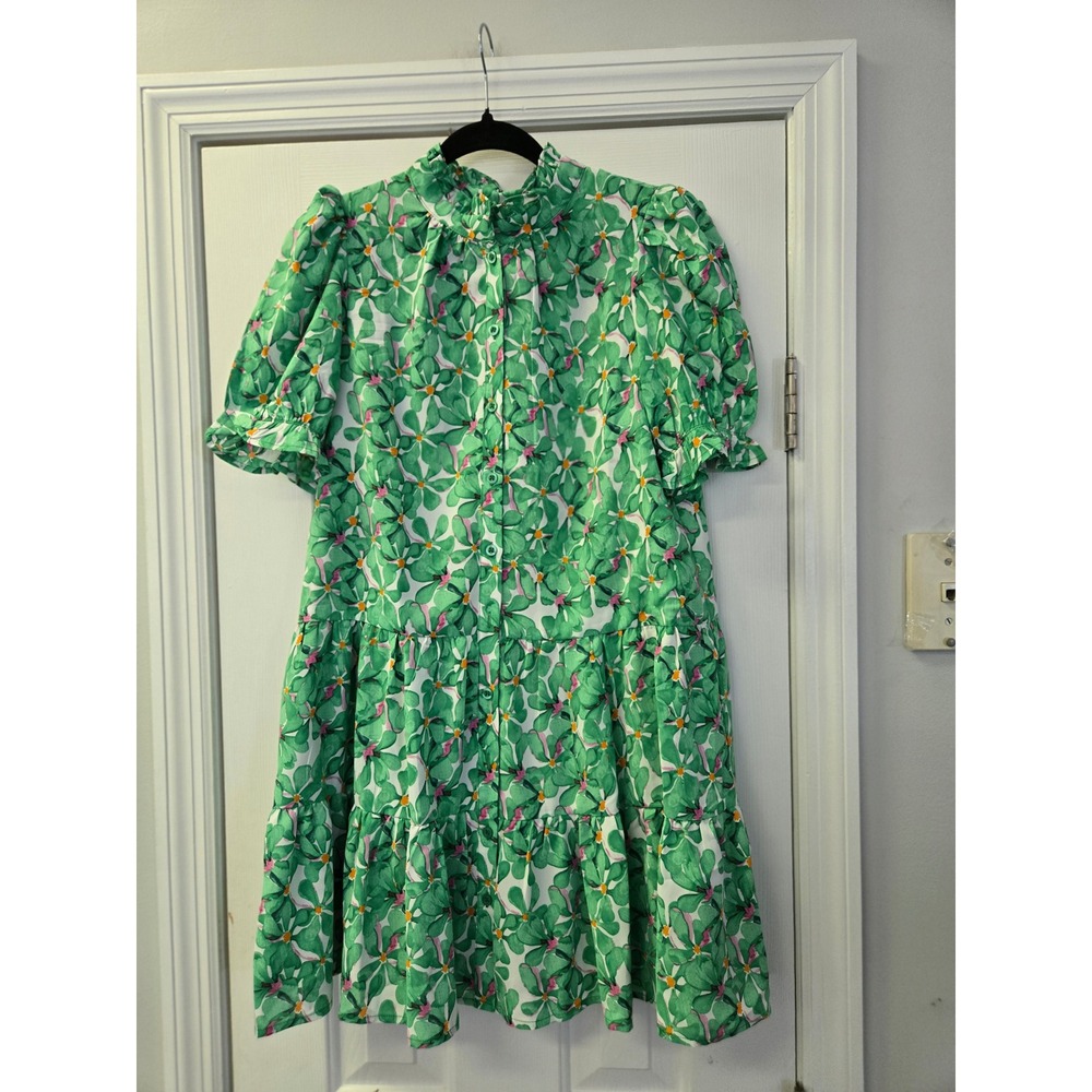 TCEC Green Floral Tiered Babydoll Mini Dress Ruffle Neck Puff Sleeve Small S